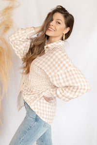 mode, checked out linen long sleeve