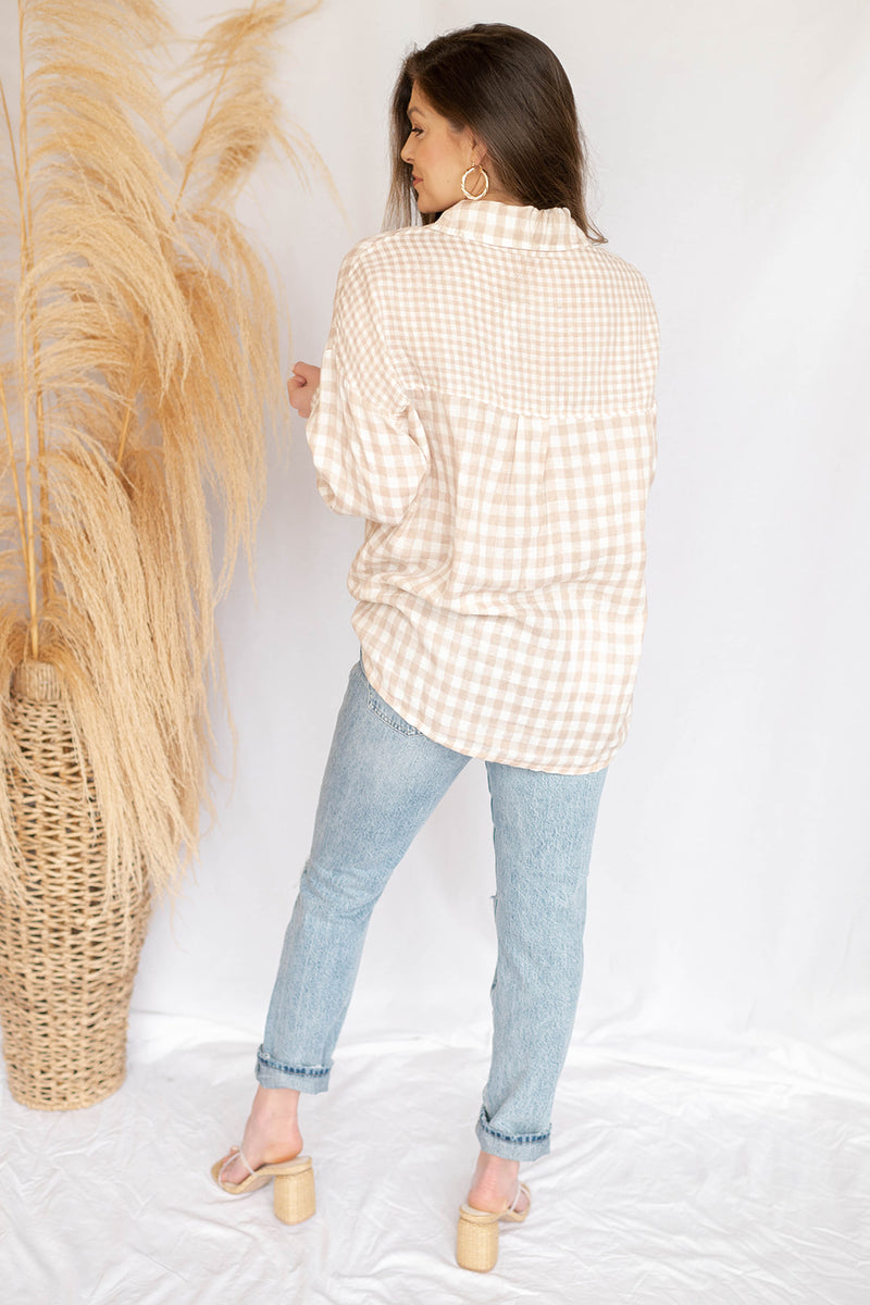 mode, checked out linen long sleeve