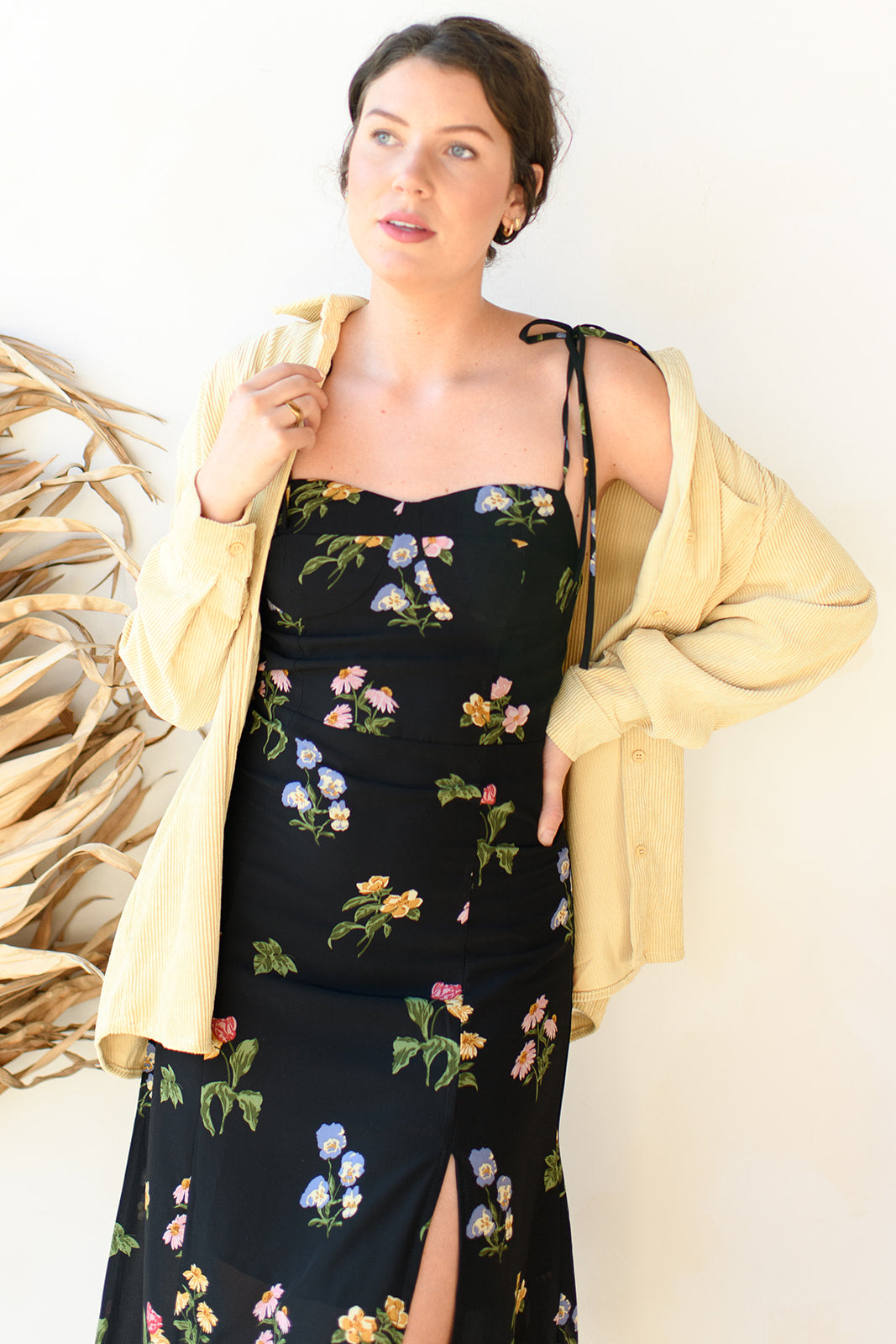 mode, corduroy story button up top