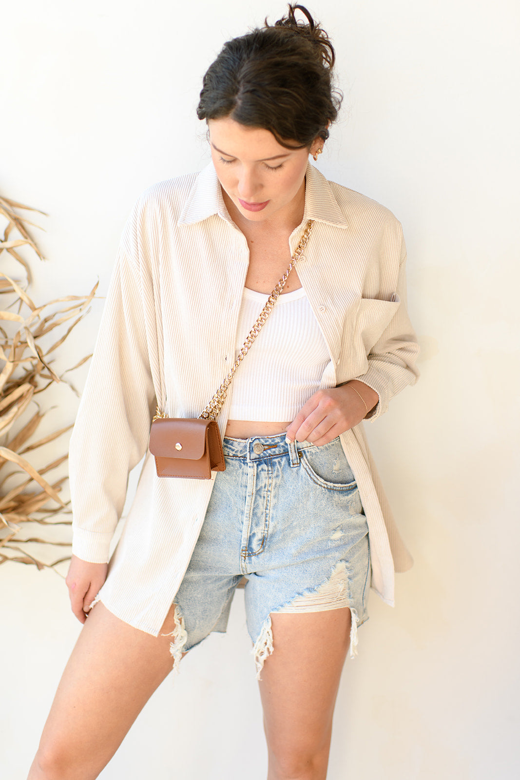 mode, corduroy story button up top