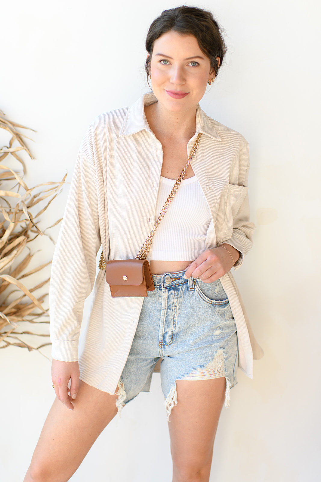 mode, corduroy story button up top