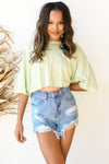 mode, frayed hem denim shorts