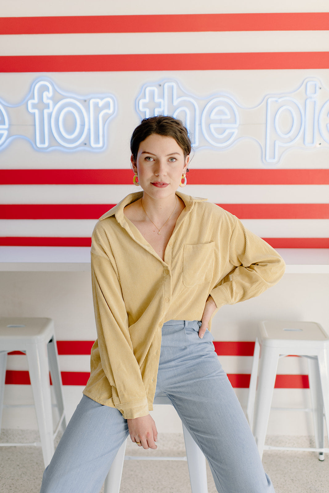 mode, corduroy story button up top