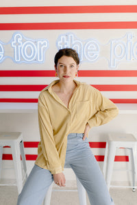 mode, corduroy story button up top