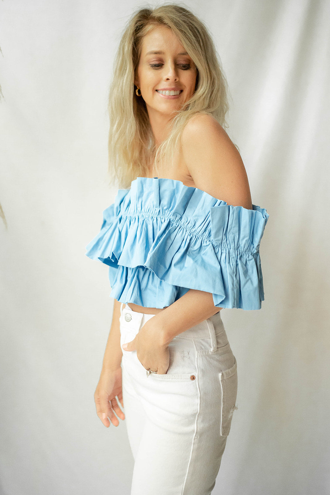 mode, glam off shoulder top