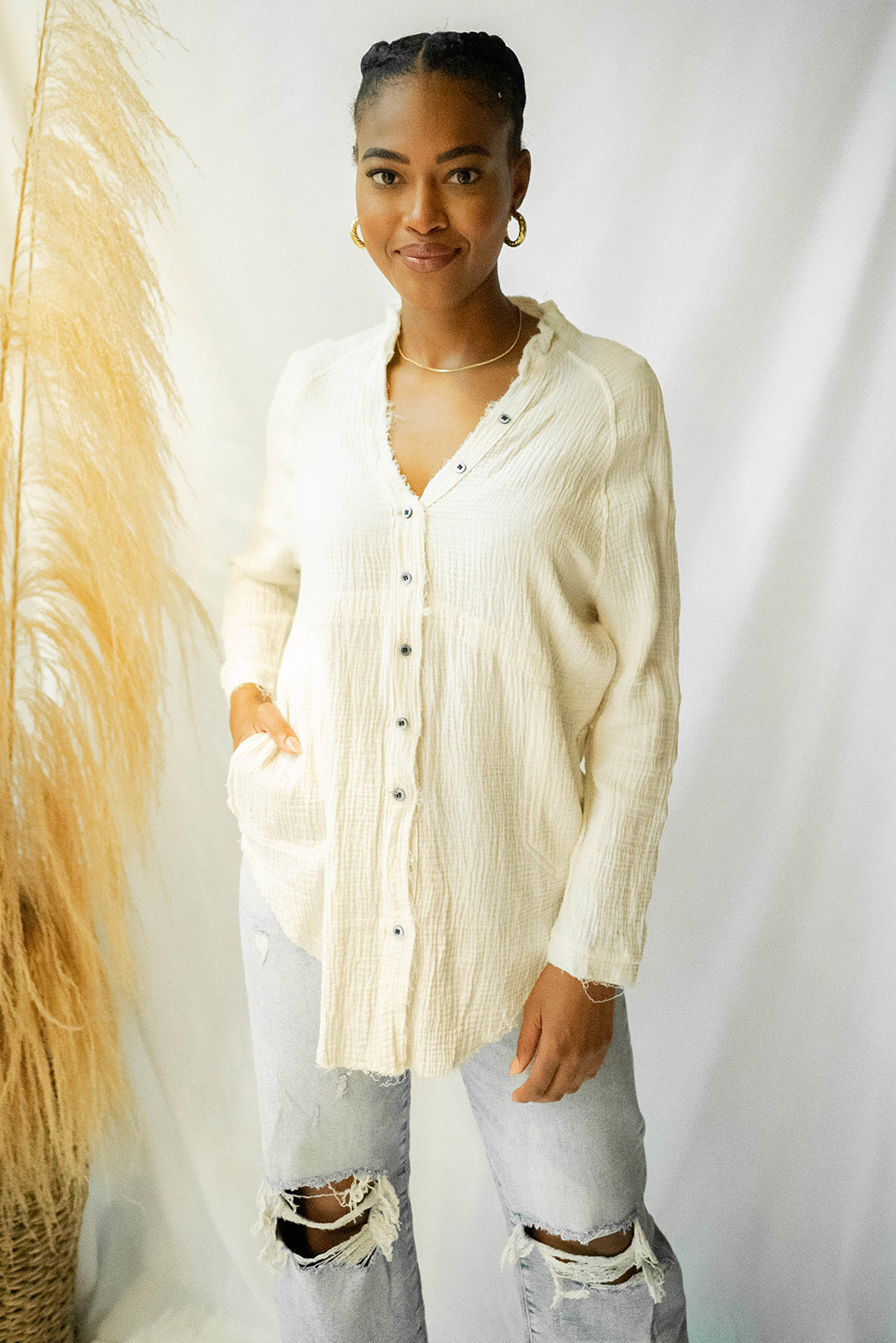 mode, plush gauze button down