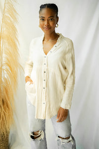 mode, plush gauze button down