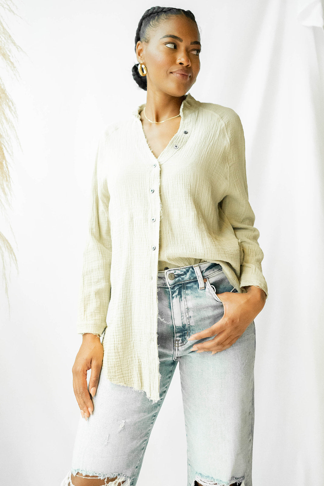 mode, plush gauze button down