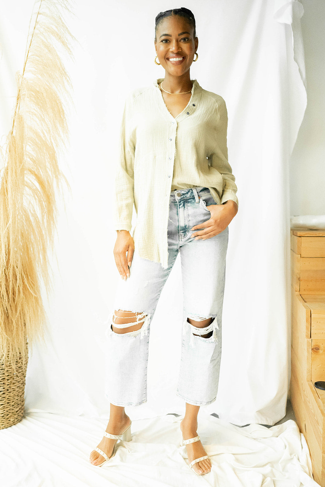 mode, plush gauze button down