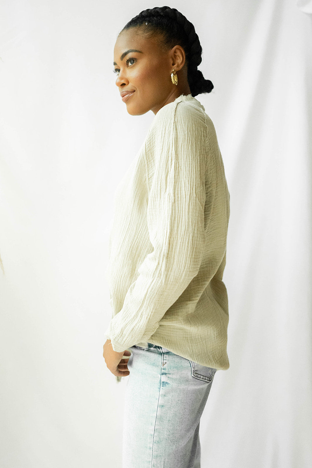 mode, plush gauze button down
