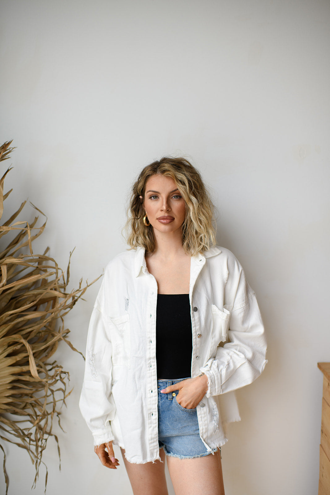 mode, delighted distressed shacket