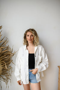 mode, delighted distressed shacket
