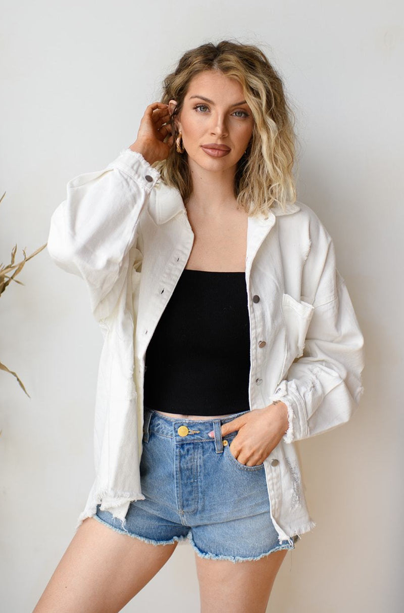 mode, delighted distressed shacket