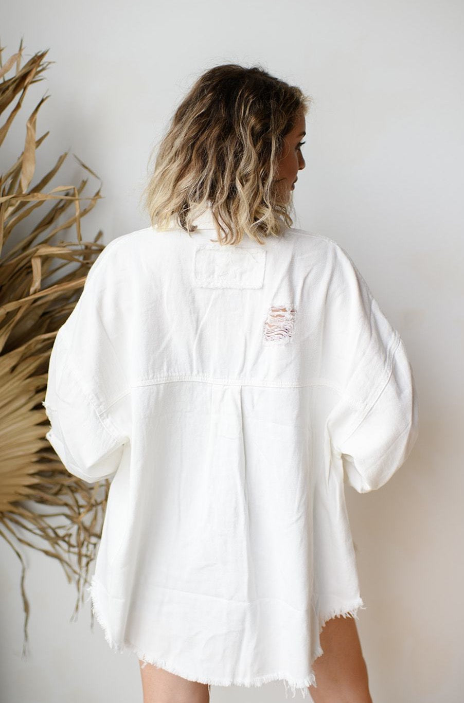 mode, delighted distressed shacket