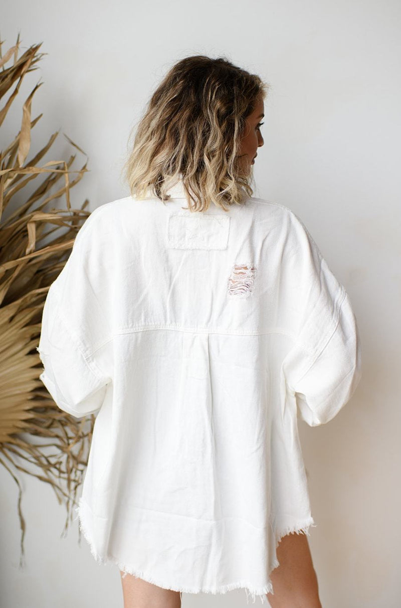 mode, delighted distressed shacket