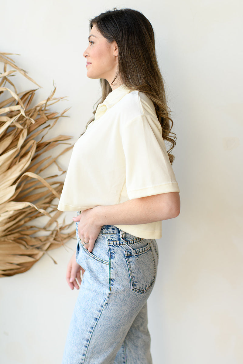 mode, velour cropped shirt