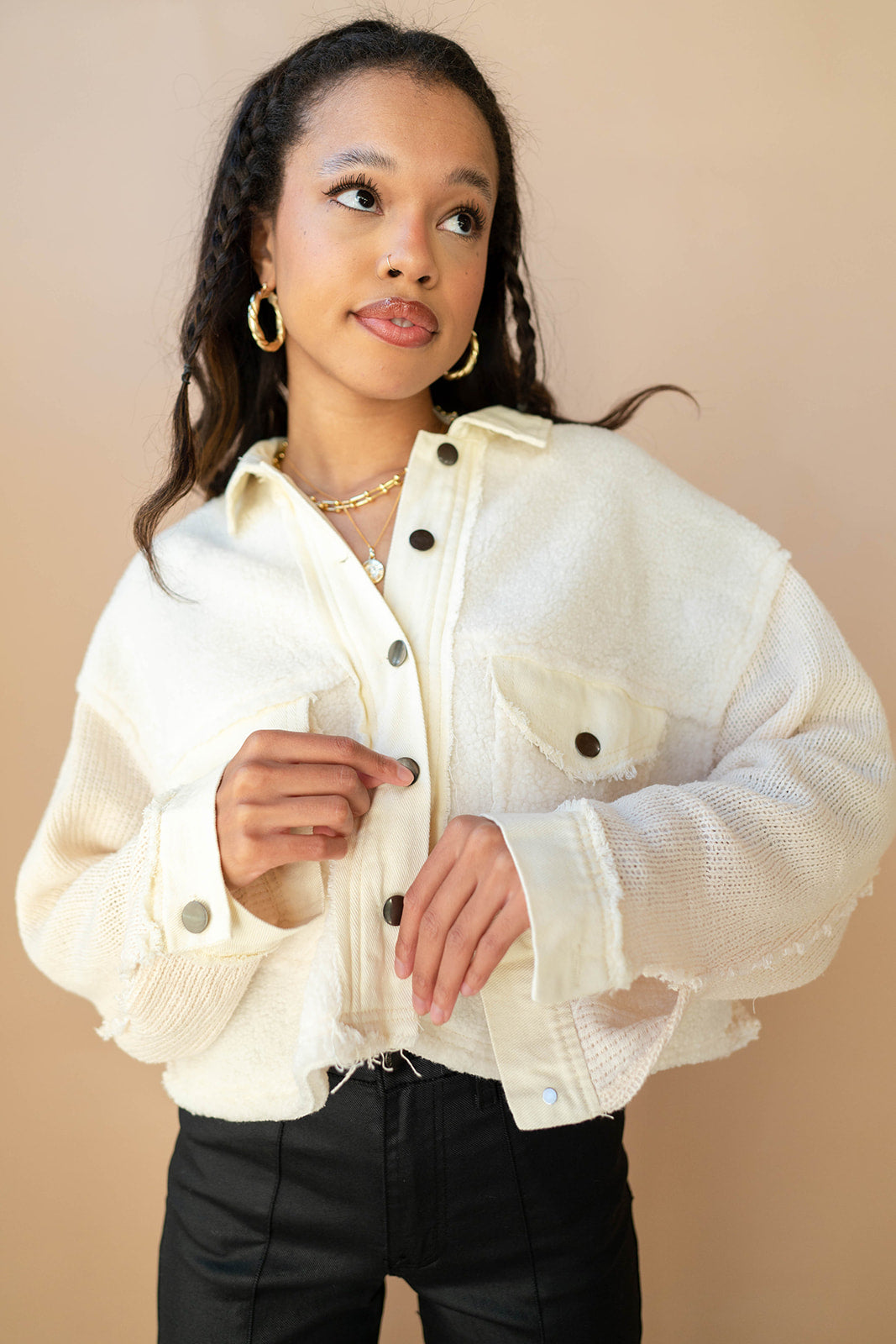 mode, oakleigh sherpa/twill jacket