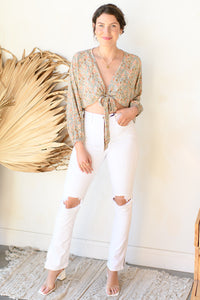 mode, midsummer florals tie front top