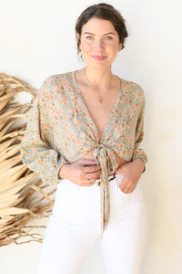 mode, midsummer florals tie front top