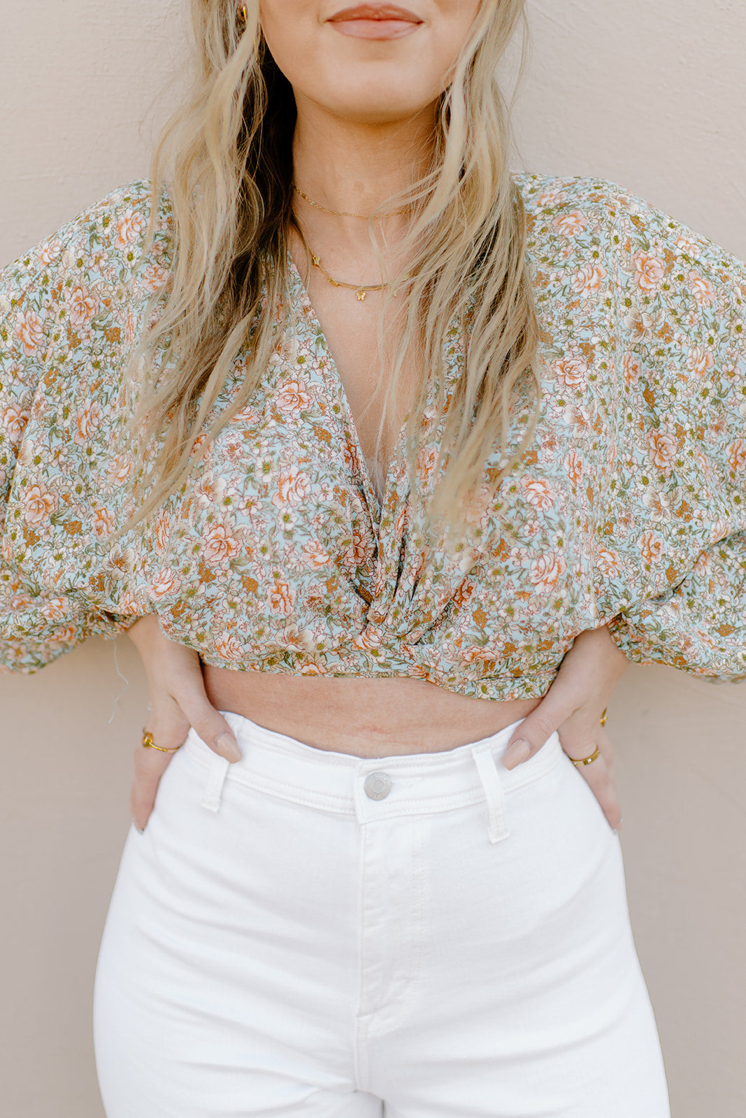 mode, midsummer florals tie front top