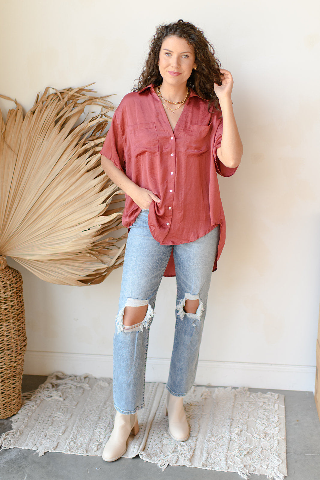 mode, satin boxy tunic top