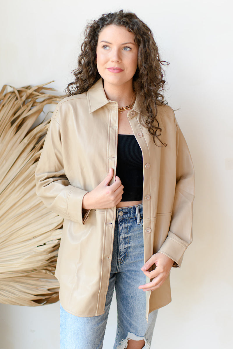 mode, vegan leather shacket