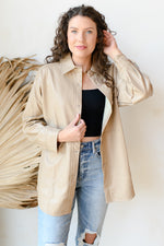 mode, vegan leather shacket
