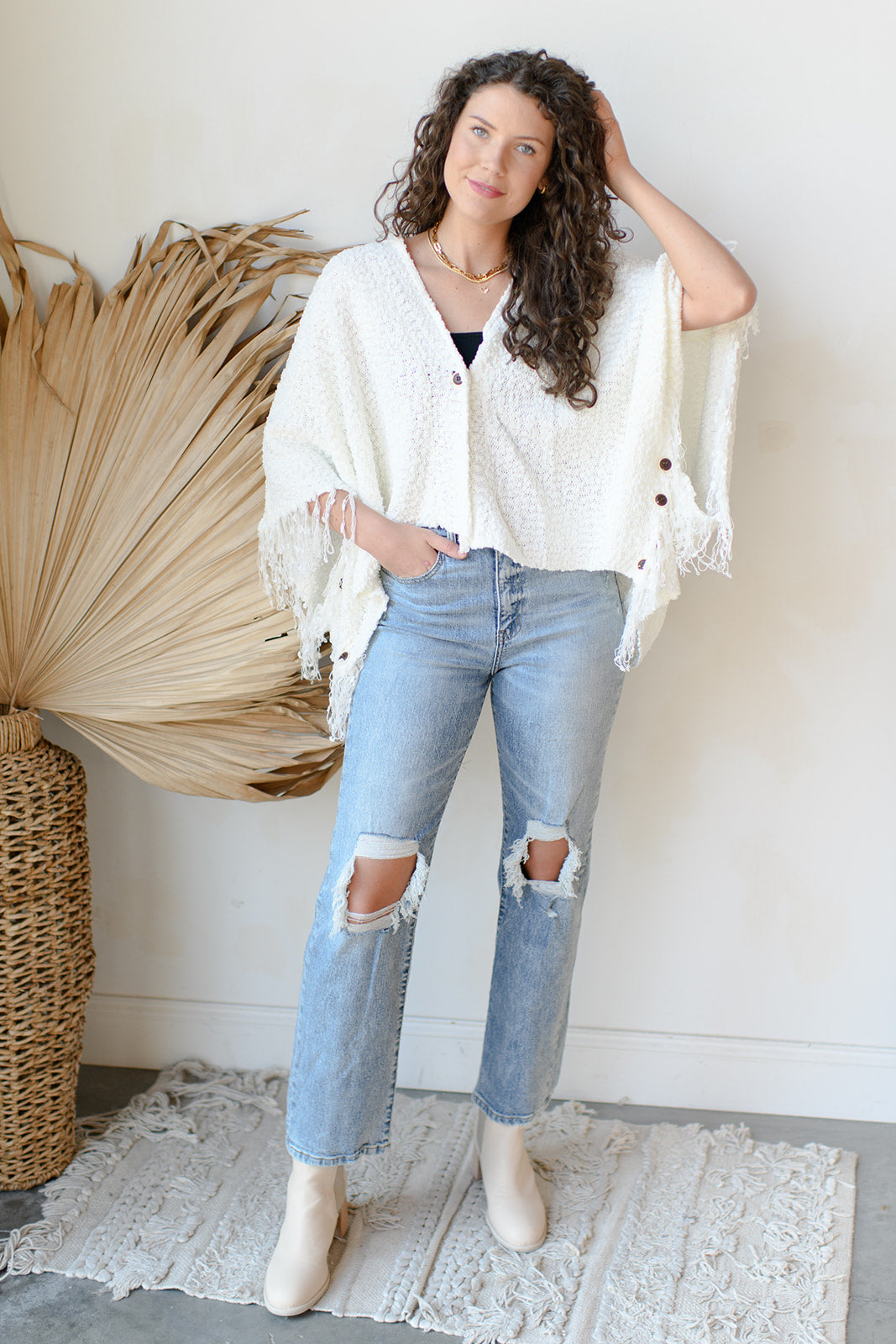 mode, shredded button up cardigan