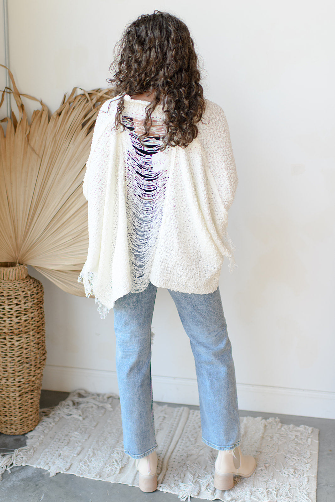 mode, shredded button up cardigan