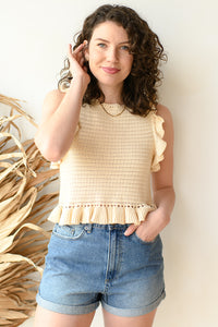 mode, crochet knit ruffle top