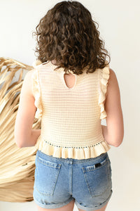 mode, crochet knit ruffle top