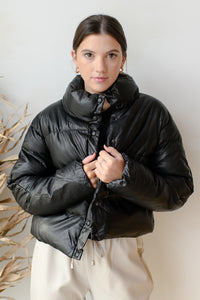 mode, faux leather puffer jacket