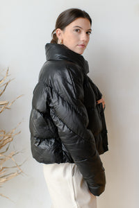 mode, faux leather puffer jacket
