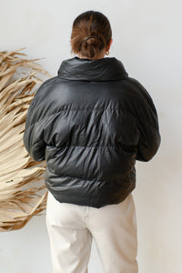 mode, faux leather puffer jacket