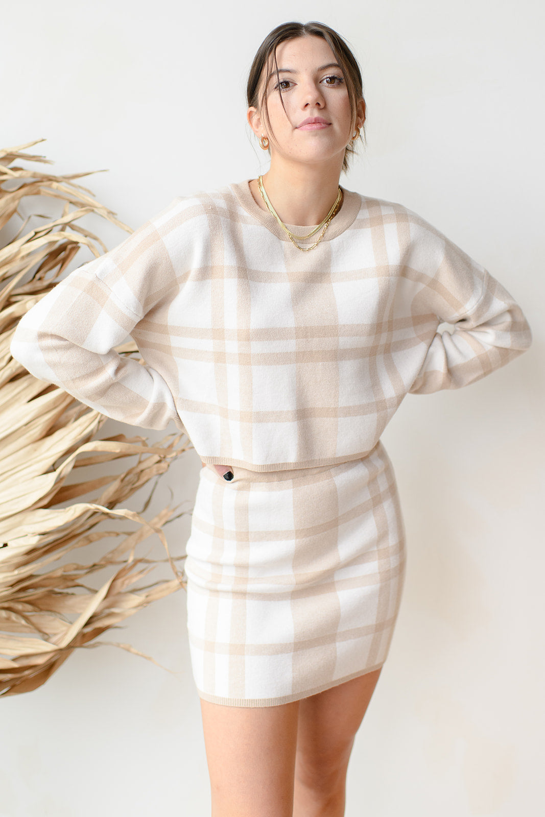 mode, plaid please crop sweater