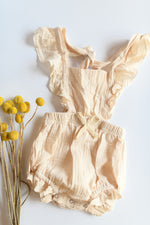mode, french vanilla ruffle bubble romperalls