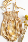 mode, smocked gingham romper + headband