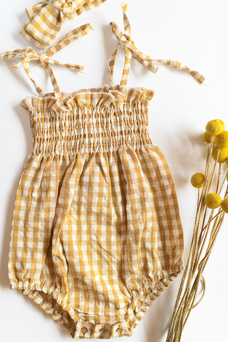 mode, smocked gingham romper + headband