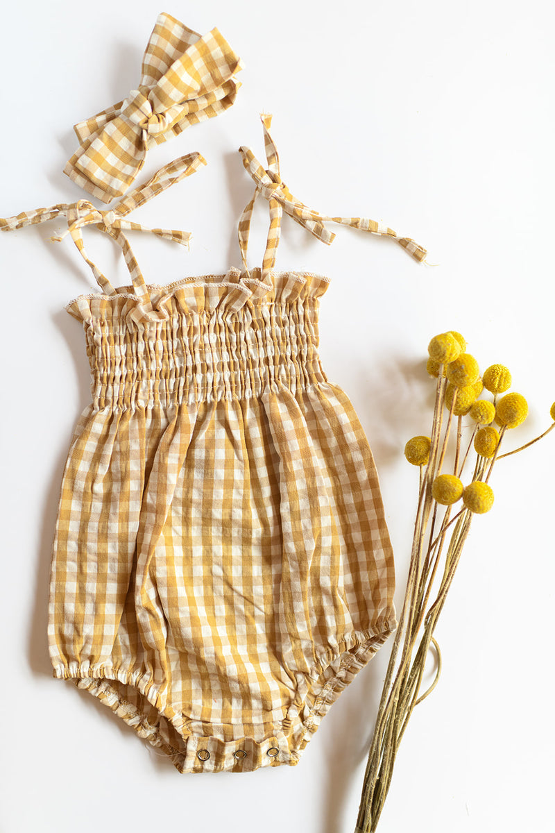 mode, smocked gingham romper + headband