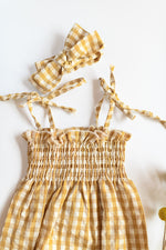 mode, smocked gingham romper + headband