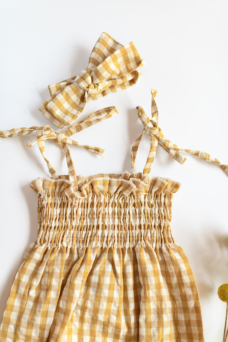 mode, smocked gingham romper + headband