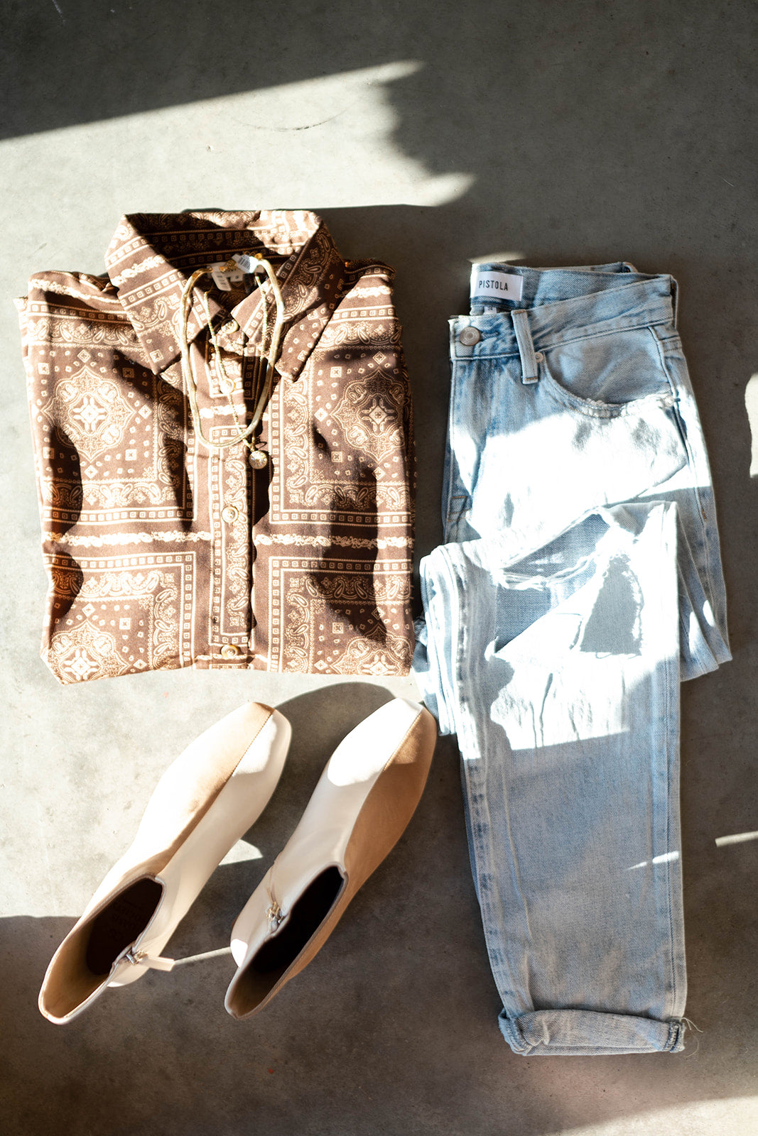 mode, paisley print button down