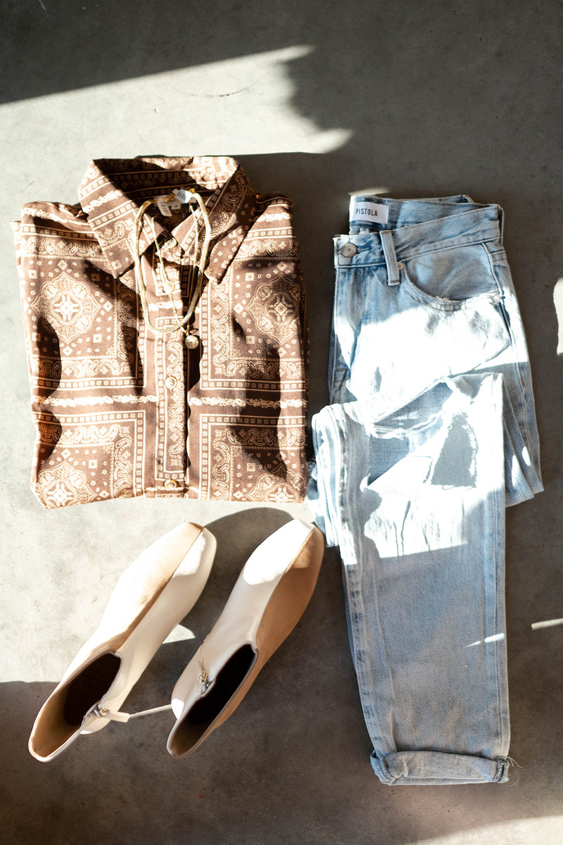 mode, paisley print button down