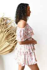 mode, floral party off shoulder dress