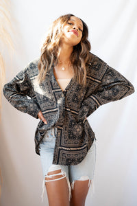 mode, paisley print button down