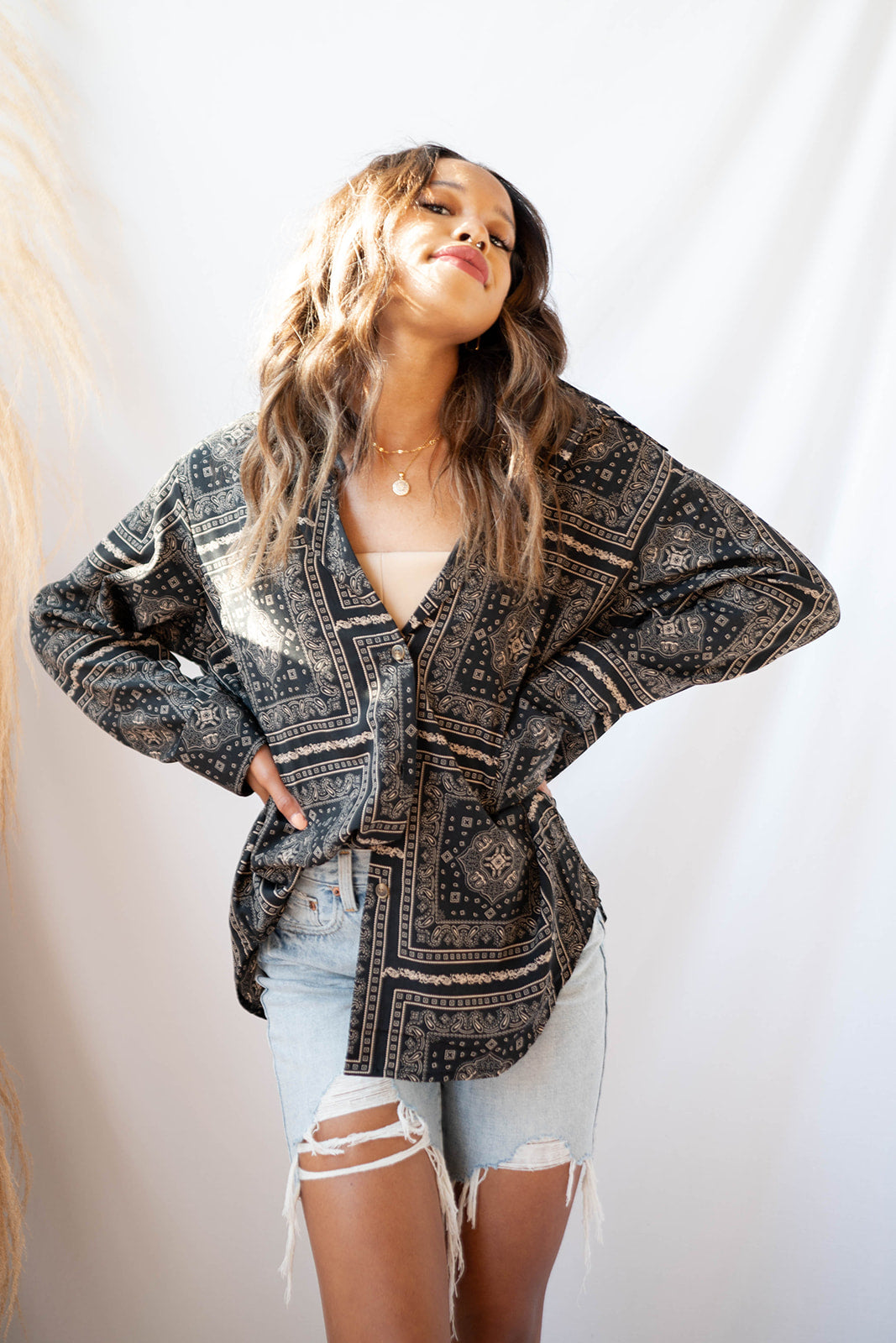 mode, paisley print button down