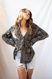 mode, paisley print button down