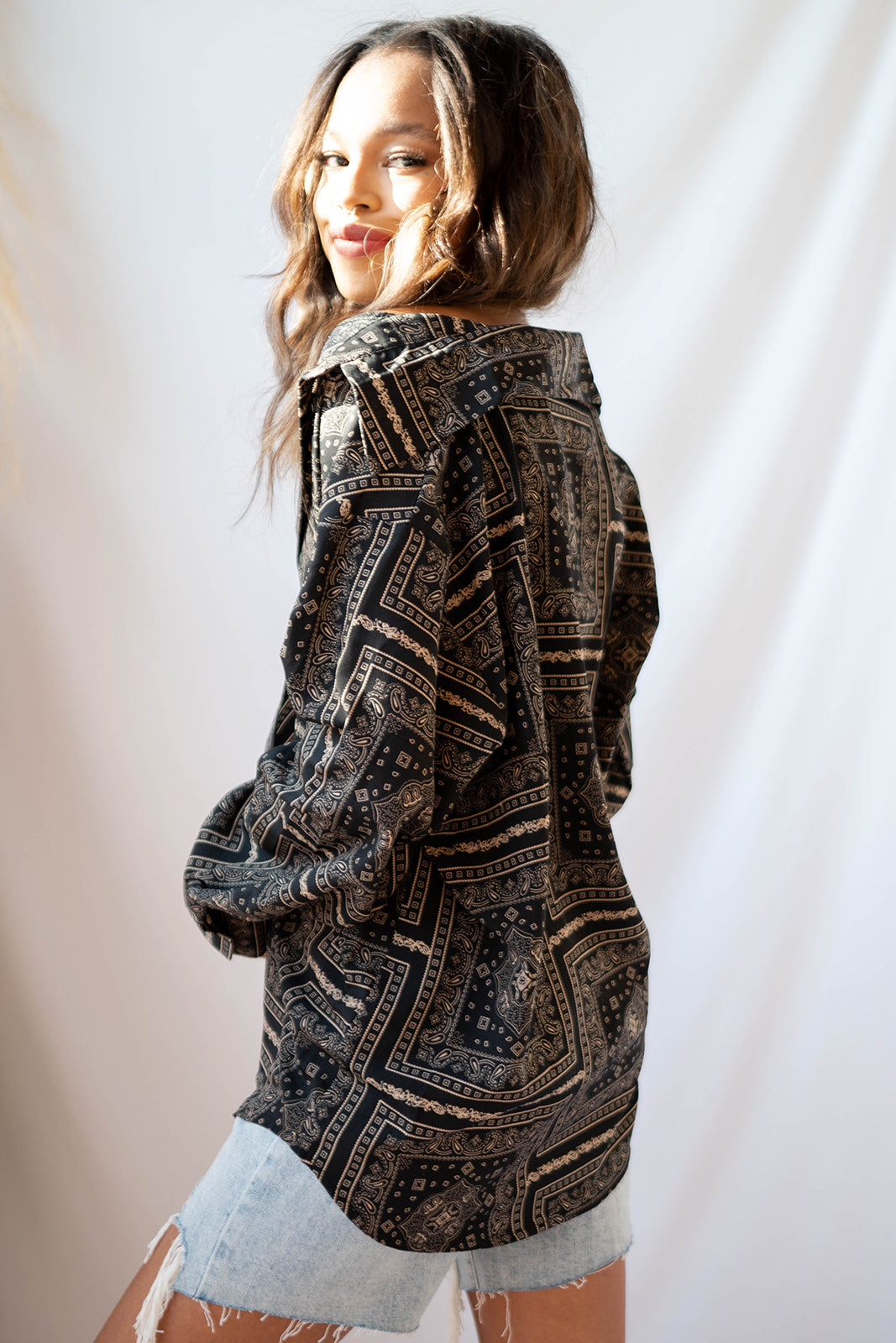 mode, paisley print button down