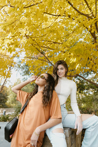 mode, double dip mock neck