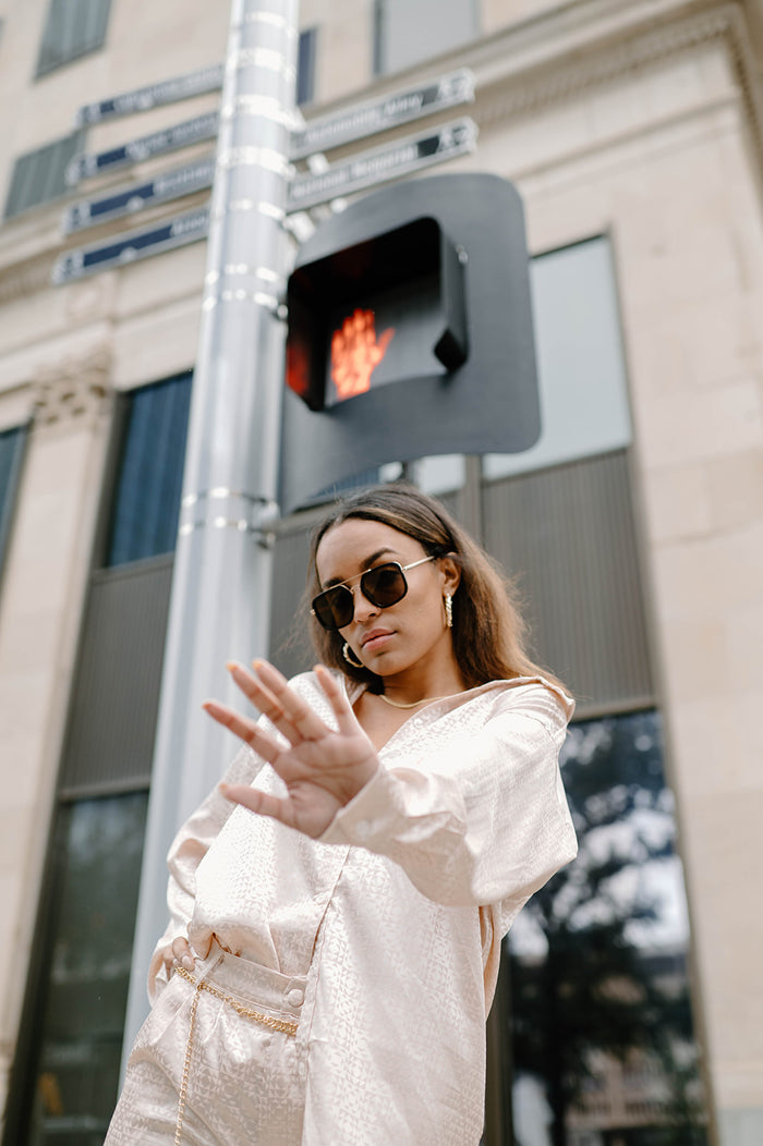 mode, diamonds + champagne blouse